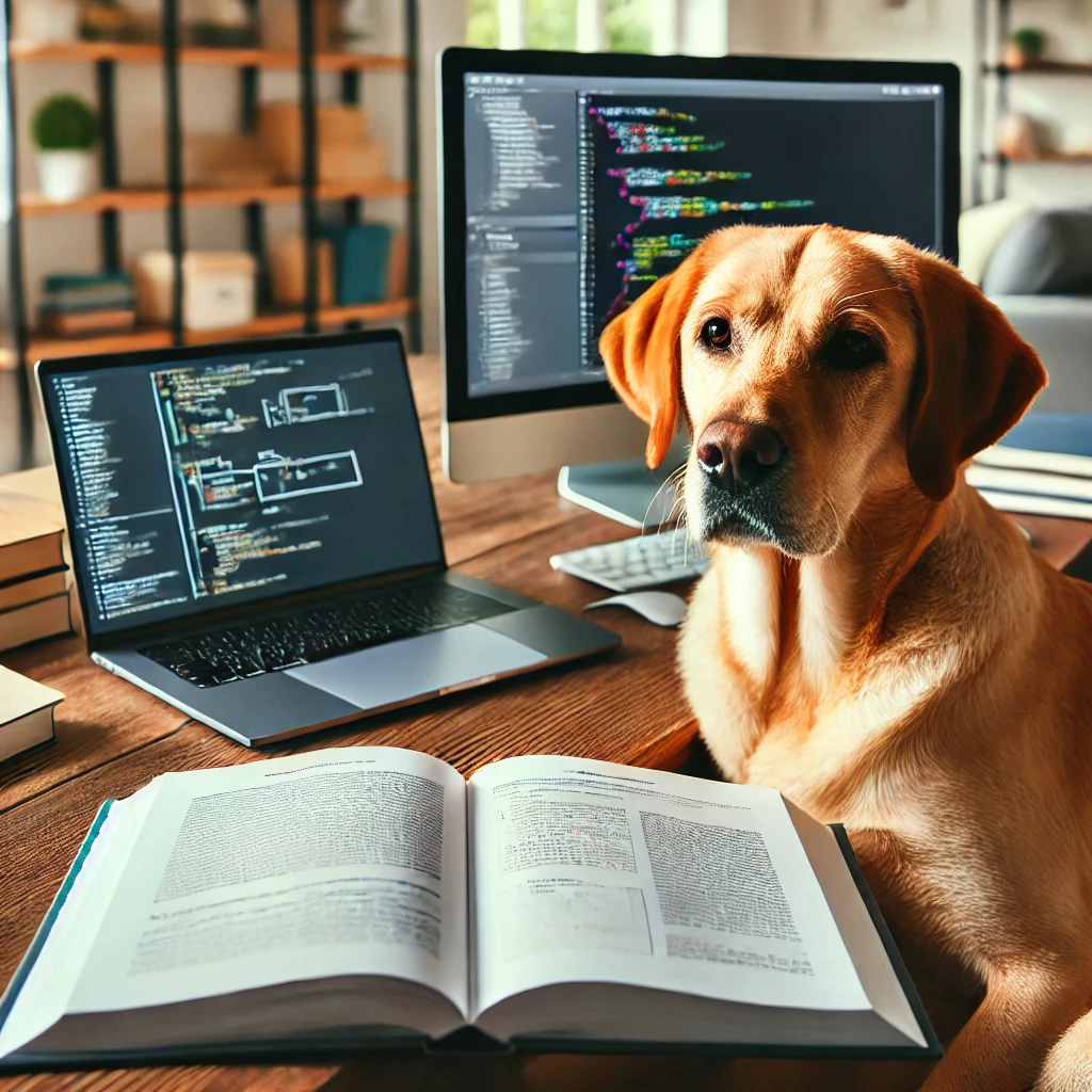 A friendly dog sitting next to a book and a computer on a desk. The dog is a yellow Labrador retriever with a calm expression; the book is open with pages visible.
